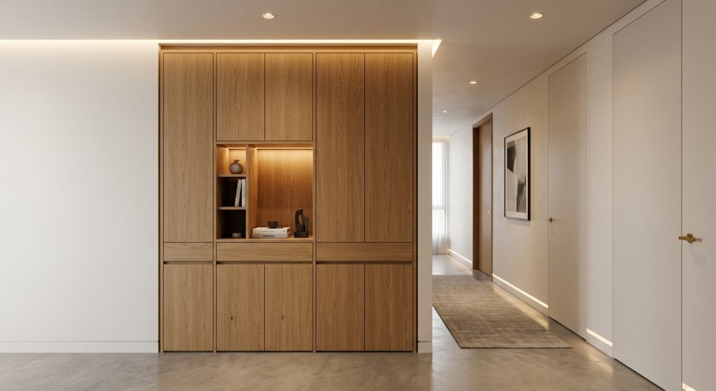 A stylish, modern minimalist hallway featuring a custom-built floor-to-ceiling wooden storage cabine