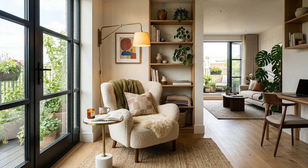 A modern, sunlit multifunctional room featuring a cozy and stylishly defined relaxation nook with a