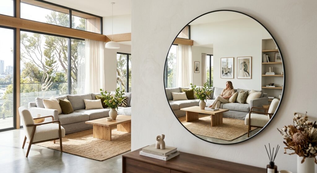 A bright, modern living room interior featuring a large, minimalist round mirror reflecting a spacio