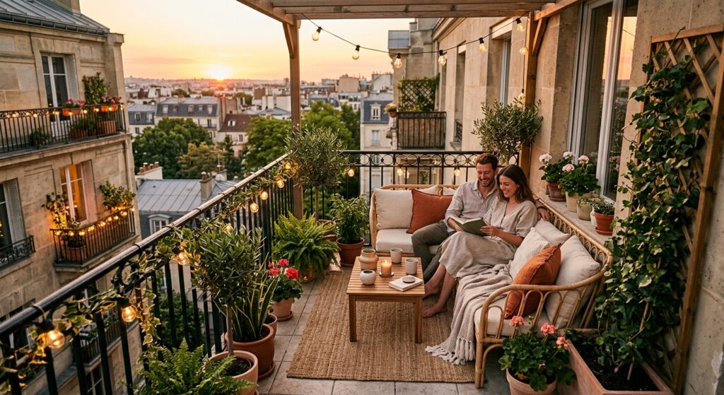 A high-angle editorial shot of a stylish, cozy apartment balcony makeover featuring comfortable outd
