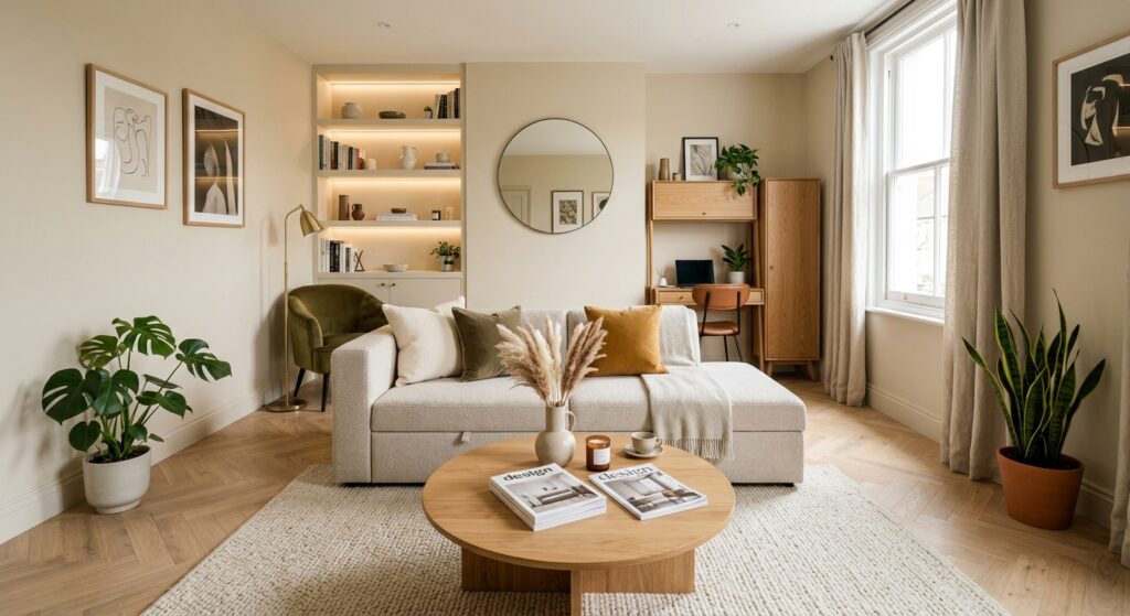 A high-end interior design photograph of a stylish, modern small living room featuring elegant multi