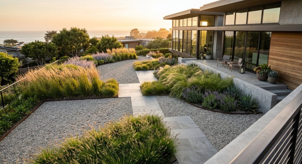 A high-angle, professional editorial shot of a modern, low-maintenance gravel garden with minimalist