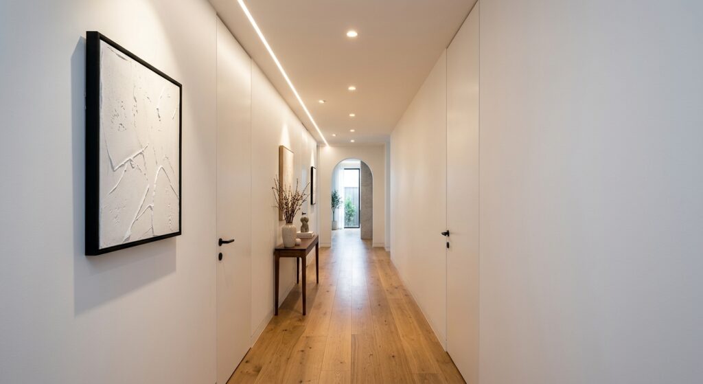 A professional editorial photograph of a bright, modern, narrow hallway transformed by minimalist wa