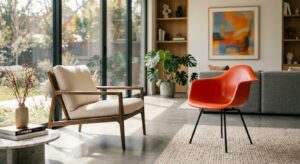 A professional interior design editorial shot contrasting a sleek, minimalist wooden lounge chair wi