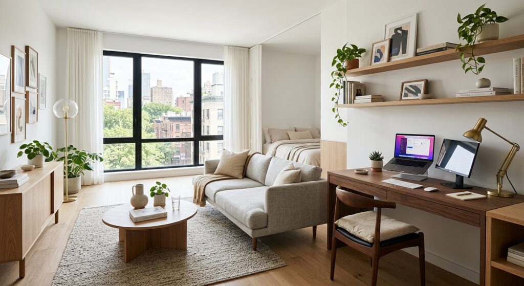 A stylish, bright, and modern studio apartment interior featuring a multifunctional workspace area s