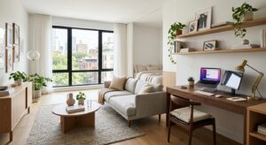 A stylish, bright, and modern studio apartment interior featuring a multifunctional workspace area s