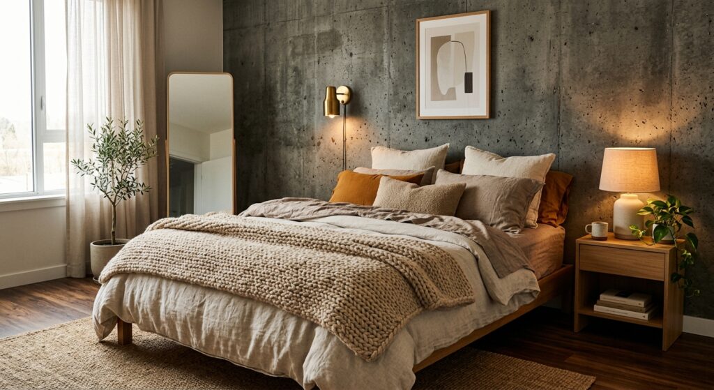 A cozy bedroom interior featuring a soft, warm-lit bed with plush textiles set against a textured ar