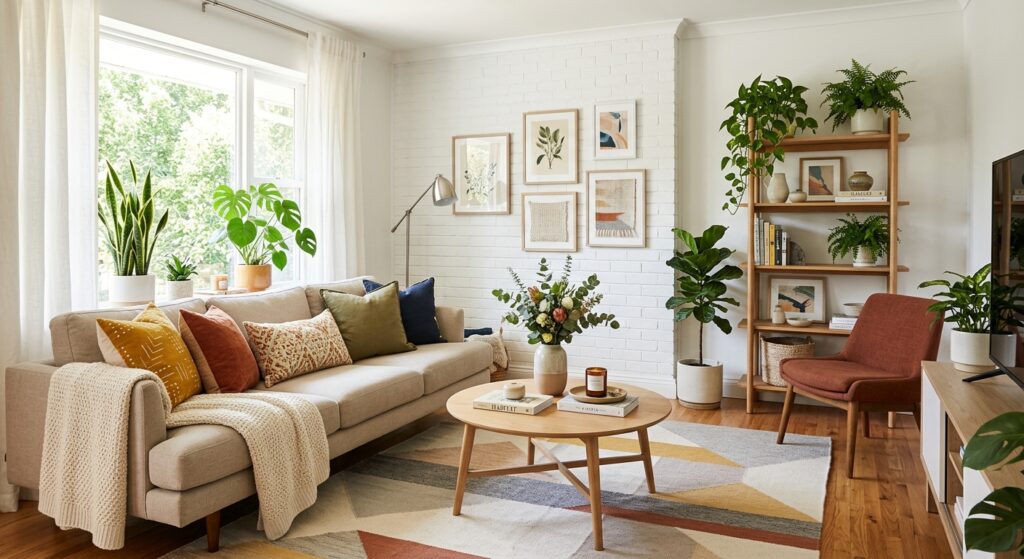 A professionally styled, sunlit living room featuring budget-friendly decor updates like vibrant thr