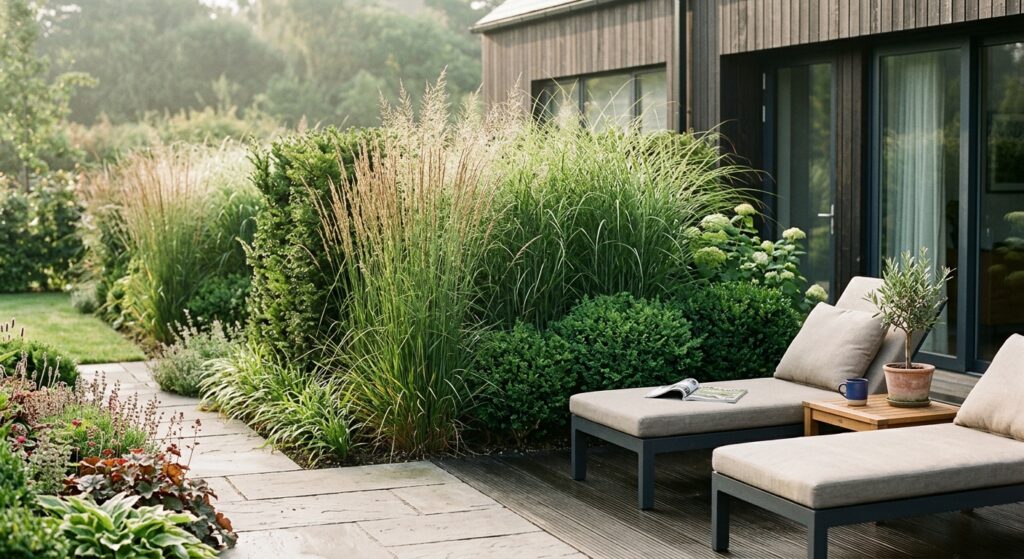 A modern residential garden featuring a lush, architectural privacy hedge of tall ornamental grasses