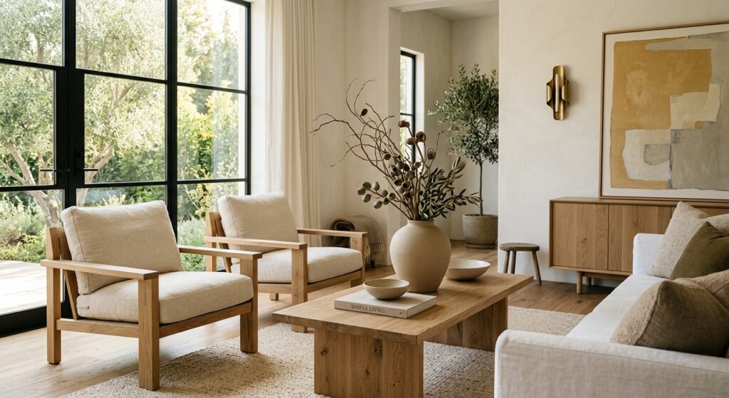 A high-end editorial shot of a sunlit minimalist living room featuring a blend of raw oak wood furni