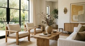 A high-end editorial shot of a sunlit minimalist living room featuring a blend of raw oak wood furni