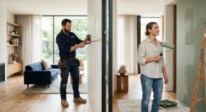 A high-end editorial shot featuring a split-view composition showing a professional contractor measu