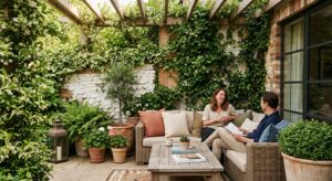 A professional editorial photograph of a modern, cozy terrace wall lushly decorated with vibrant cli