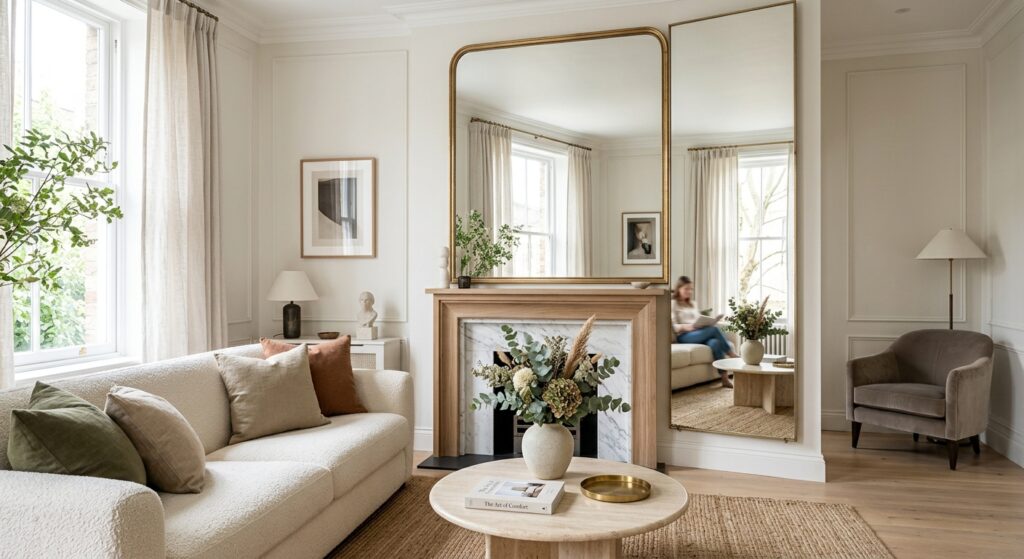 A bright, elegant small living room featuring a large statement mirror that reflects the space to cr