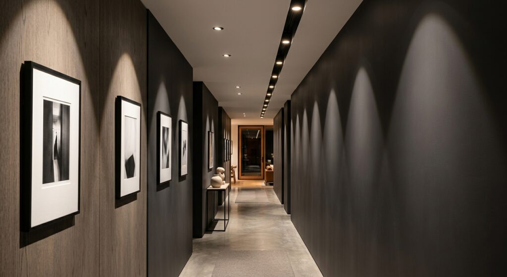 A high-end interior design photograph of a long, narrow modern hallway illuminated by sleek, recesse