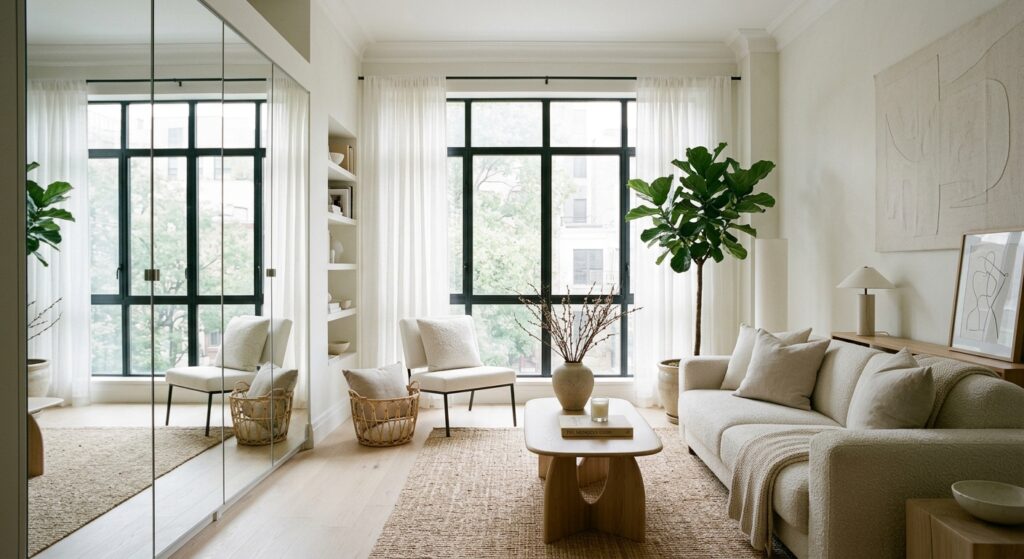 A bright, minimalist small living room interior featuring light-colored furniture, strategic floor-t