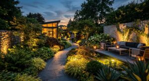 A professional, high-end editorial shot of a lush modern garden at dusk, featuring warm, atmospheric
