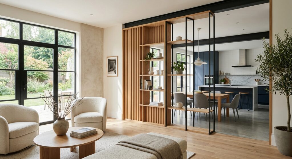 A bright, modern open-plan interior featuring a stylish, partially open partition wall that seamless