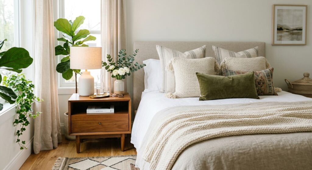 A cozy, professionally styled bedroom interior focused on refreshing decor elements like plush throw