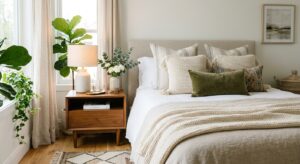 A cozy, professionally styled bedroom interior focused on refreshing decor elements like plush throw