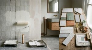 A high-end, editorial-style interior shot showing a split composition featuring a modern, partially