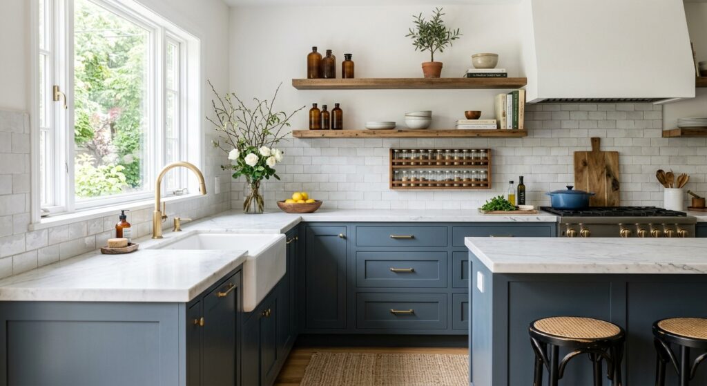 A bright, high-end editorial shot of a modern, refreshed kitchen interior featuring stylish DIY upda