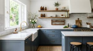 A bright, high-end editorial shot of a modern, refreshed kitchen interior featuring stylish DIY upda