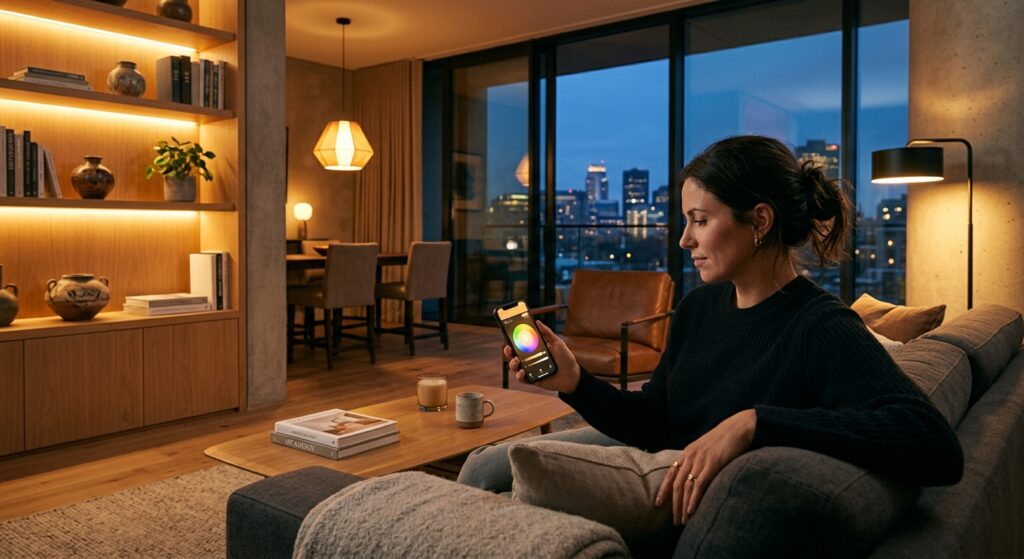 A sleek, modern living room interior at dusk featuring warm, atmospheric smart lighting controlled b
