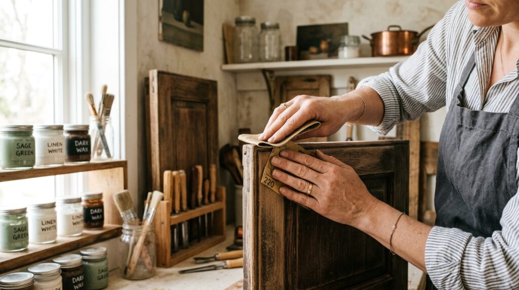 A high-end editorial shot of a person's hands skillfully sanding a vintage wooden kitchen cabinet, f