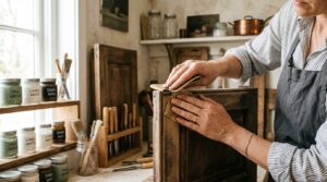 A high-end editorial shot of a person's hands skillfully sanding a vintage wooden kitchen cabinet, f