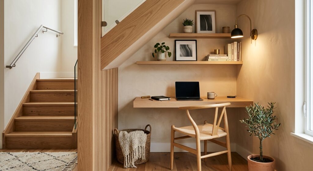 A cozy, modern home office nook tucked neatly under a wooden staircase, styled with a minimalist des