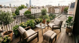 A high-angle editorial photograph of a stylish, modern small city balcony featuring premium decking