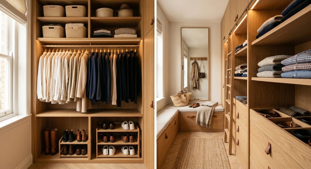 A high-end, editorial-style interior photograph of a small, perfectly organized walk-in closet featu