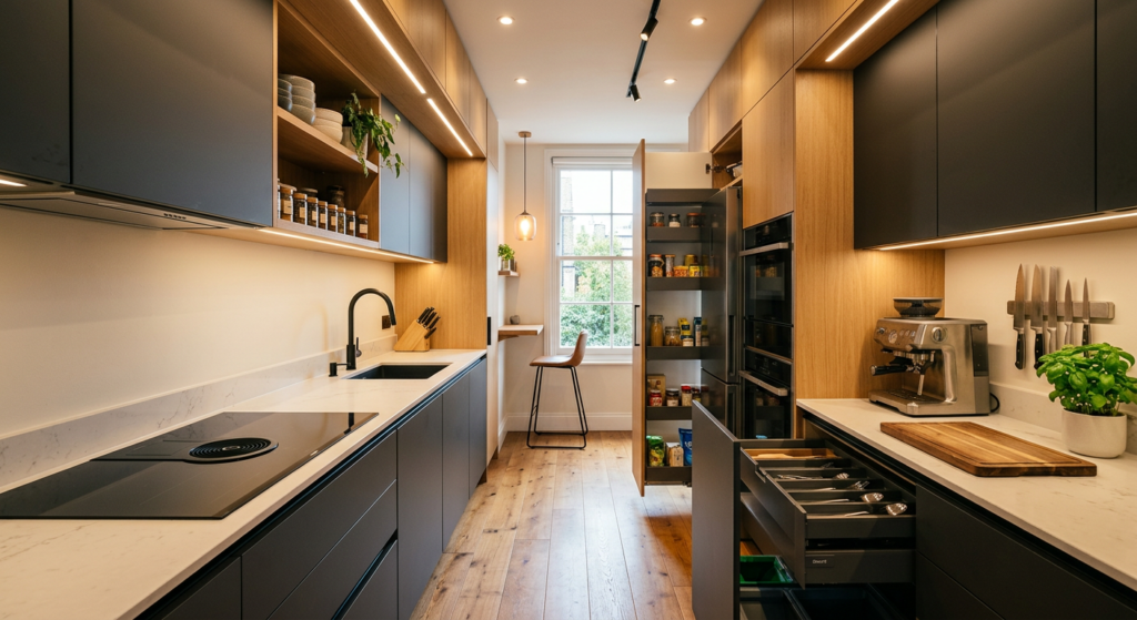 A high-end, professional interior design photograph of a modern, ergonomic galley kitchen in a narro