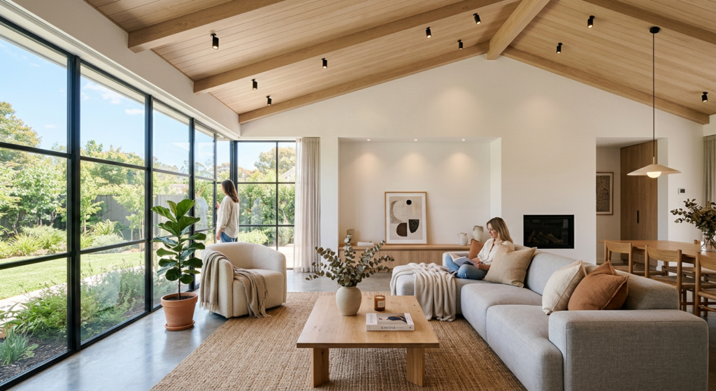 A bright, modern living room interior featuring minimalist ceiling spotlights that create an airy, s