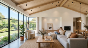 A bright, modern living room interior featuring minimalist ceiling spotlights that create an airy, s