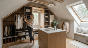 A stylish, minimalist walk-in closet seamlessly integrated into an awkward, slanted attic space, cap