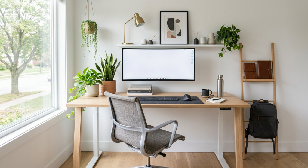 A bright, modern, and minimalist home office workspace arranged with ergonomic furniture, styled wit