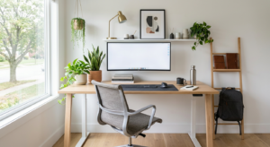 A bright, modern, and minimalist home office workspace arranged with ergonomic furniture, styled wit