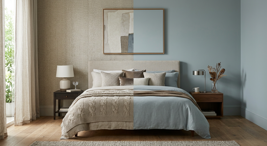 A high-end, editorial interior design photograph of a cozy bedroom split down the middle, showcasing