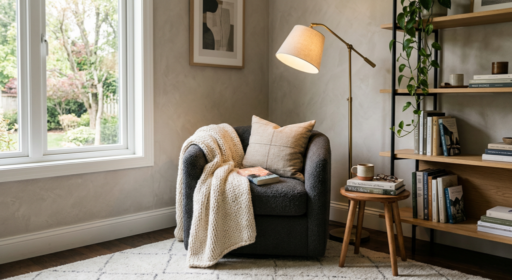 A cozy, stylish reading nook in a modern living room featuring a plush armchair, a soft knitted thro
