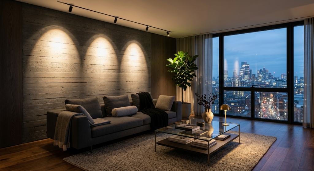 A high-end editorial interior photography shot of a sleek living room at dusk, featuring dramatic sp