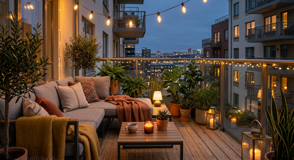 A stylish and inviting balcony in a modern apartment complex, featuring cozy lounge furniture, lush
