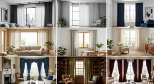 A collage of elegant interior window settings featuring various curtain styles perfectly matched to