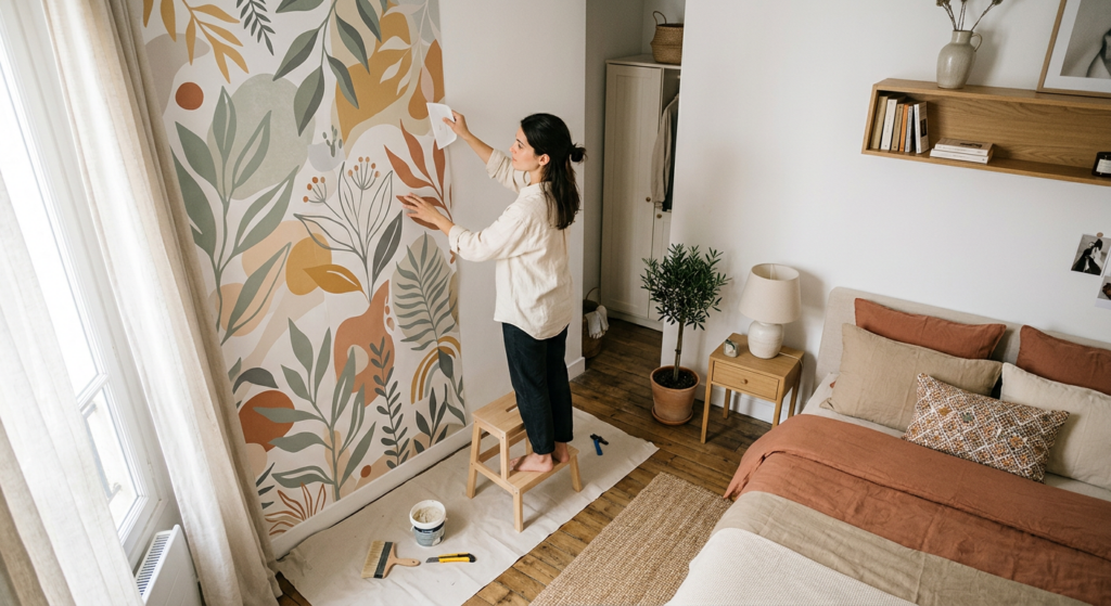 A high-angle, professional editorial photograph of a stylish small bedroom interior featuring a pers