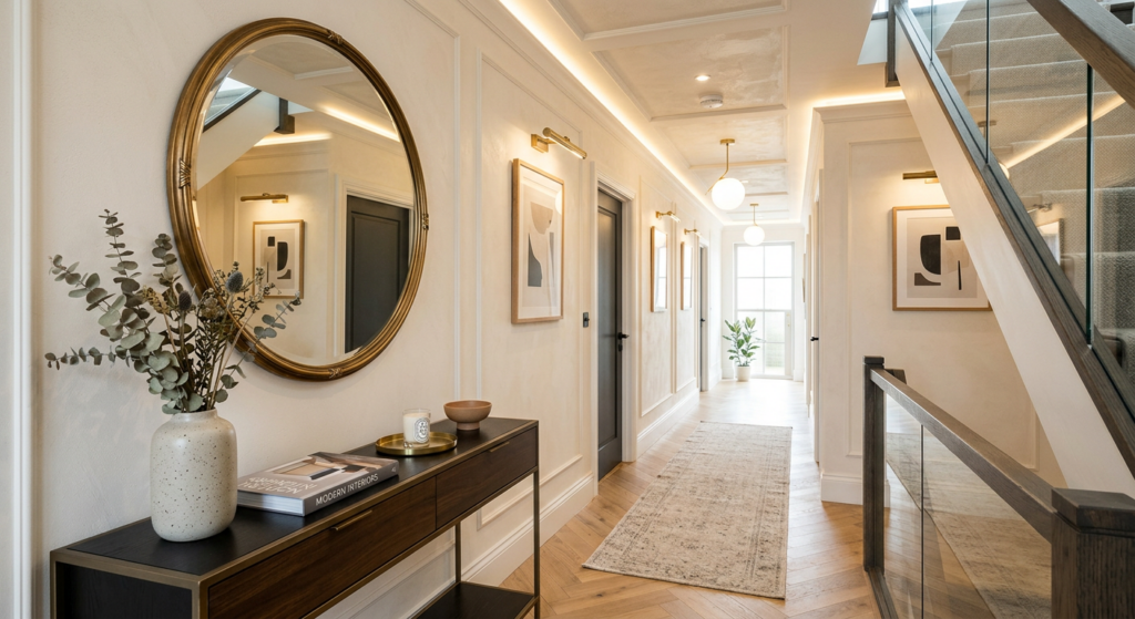 A high-angle, professional editorial photograph of a modern, stylishly renovated hallway featuring a