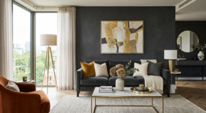 A sophisticated, high-end interior design photograph of a modern living room featuring a bold, dark