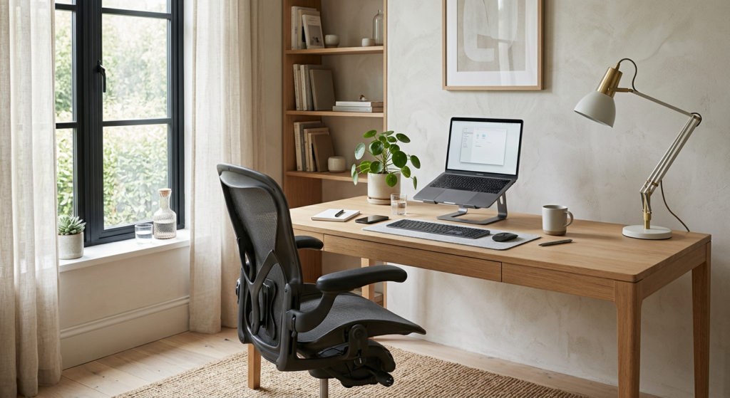A professional, minimalist home office setup with an ergonomic chair and a tidy desk, bathed in soft