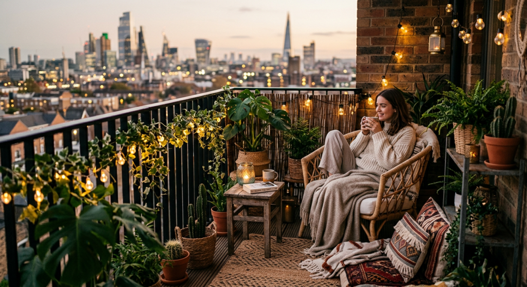 A professional editorial photograph of a cozy, stylishly furnished small urban balcony designed as a