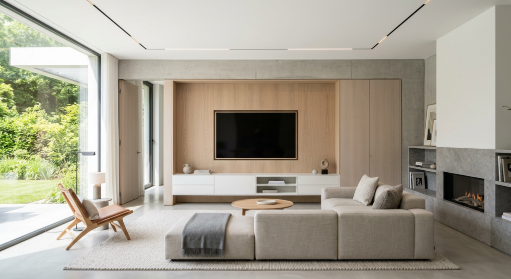 A minimalist, bright modern living room with hidden cable solutions, sleek built-in furniture, and a